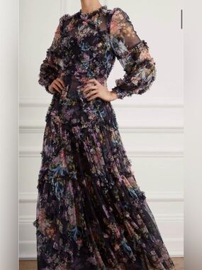 Needle & Thread Black Floral Ruffle Maxi Dress
